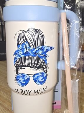# BOY MOM 40 Oz Travel Tumbler with Blue Camo Accent